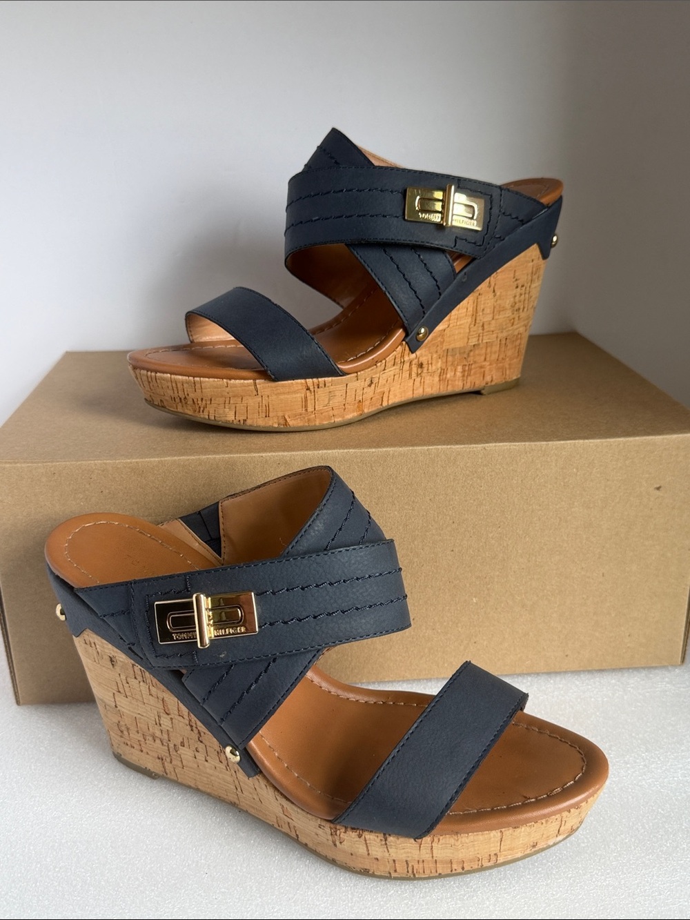 TOMMY HILFIGER Mili Platform Wedge Sandals Navy Cork Size 8.5 Women’s